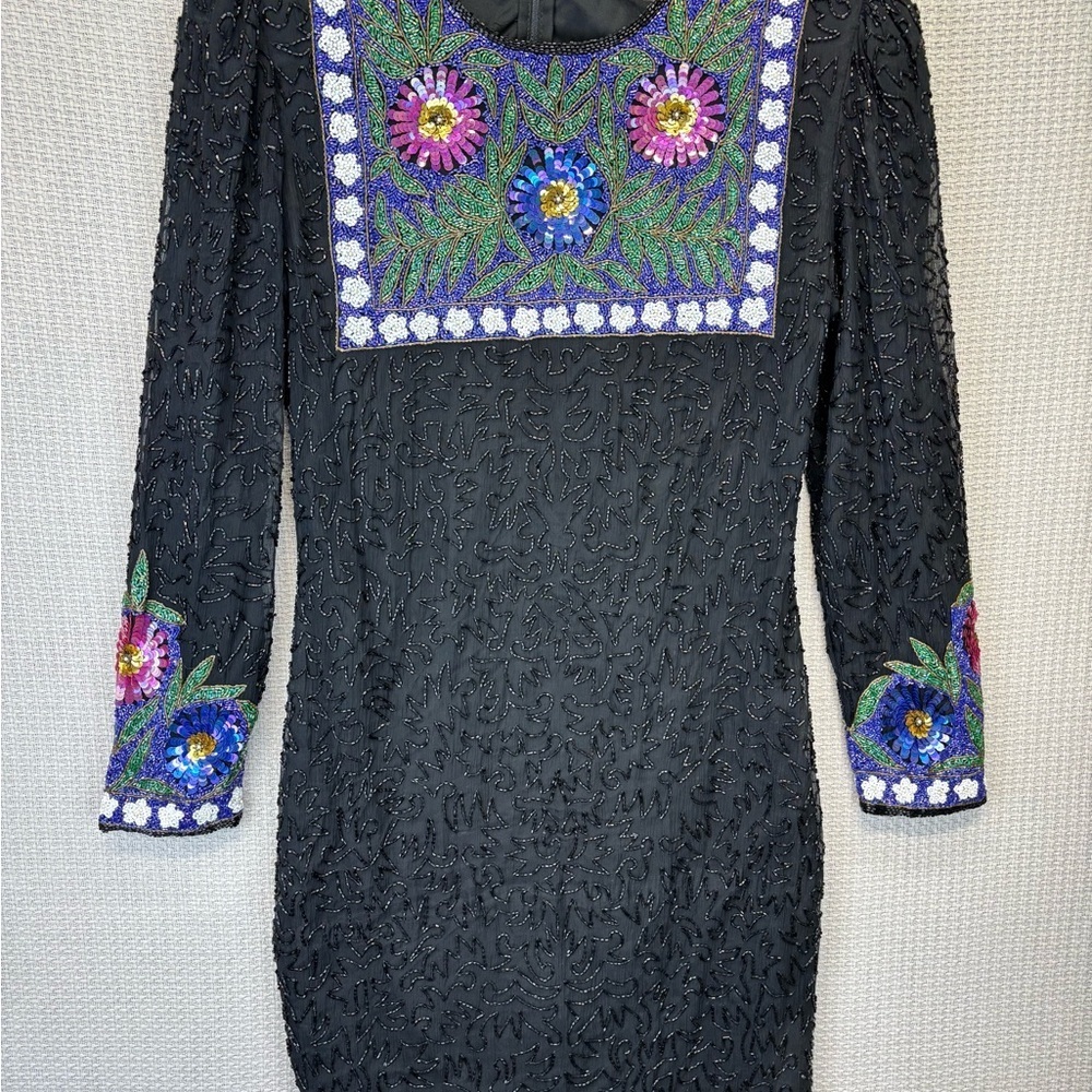 Vtg Scala 100% Silk Heavy Beaded Sequin Bodycon Dress Black Sz Med Retro Floral